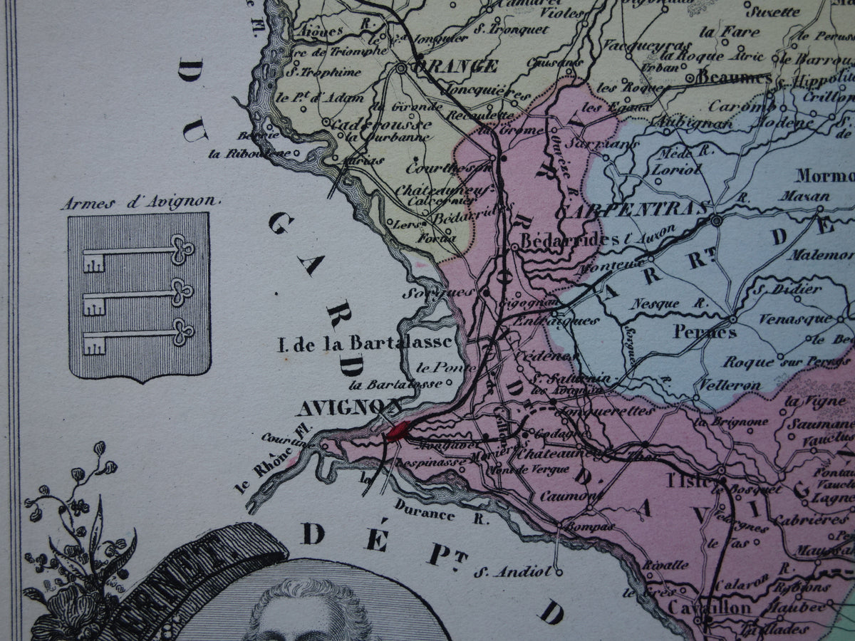 Old map of Vaucluse department in France from 1872 original antique hand colored map Avignon