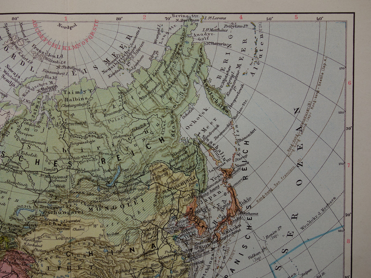 ASIA old map of continent Asia from 1913 original antique map