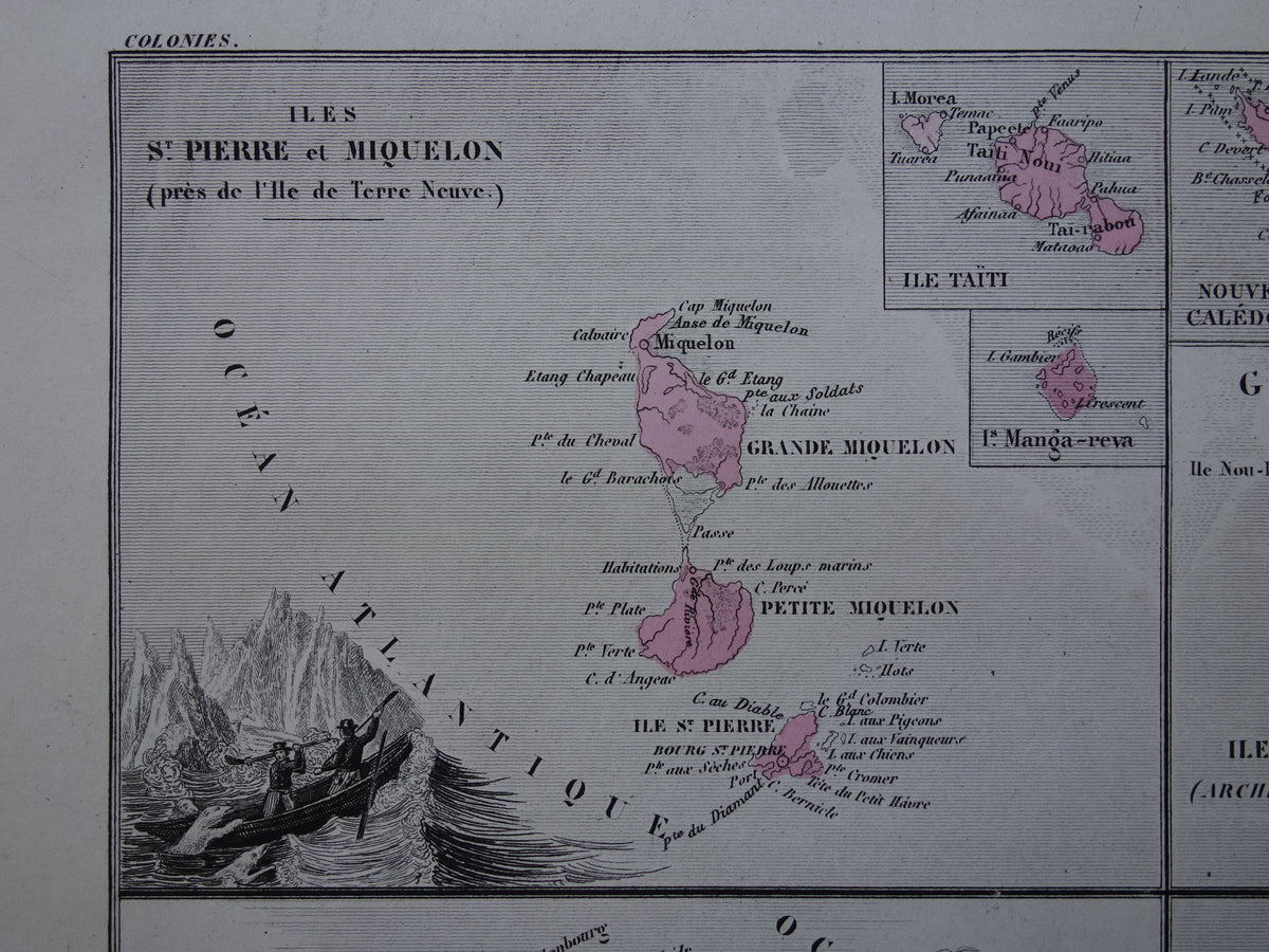 Oude kaarten van Saint-Pierre en Miquelon Frans-Guyana Marquesas Eilanden uit 1883 Originele antieke landkaart