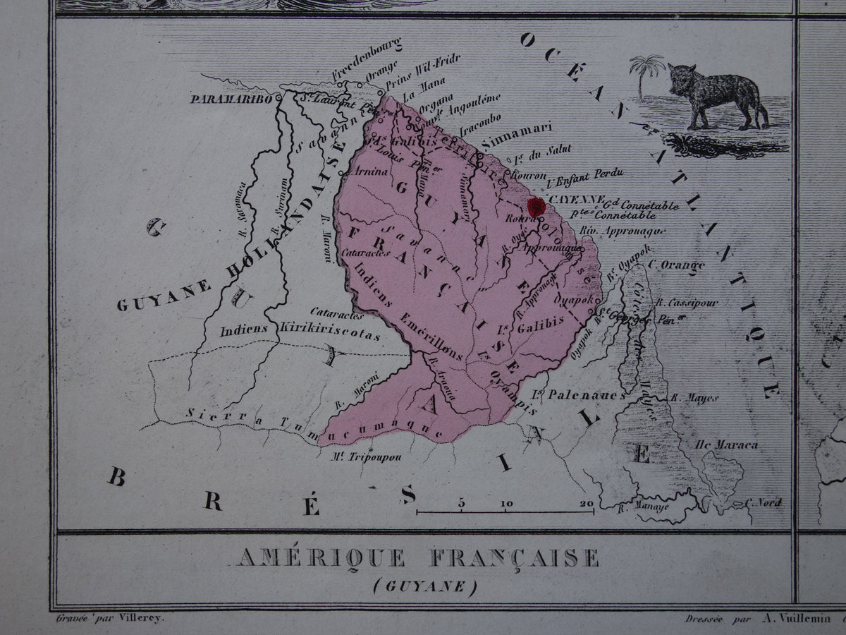 Oude kaarten van Saint-Pierre en Miquelon Frans-Guyana Marquesas Eilanden uit 1883 Originele antieke landkaart