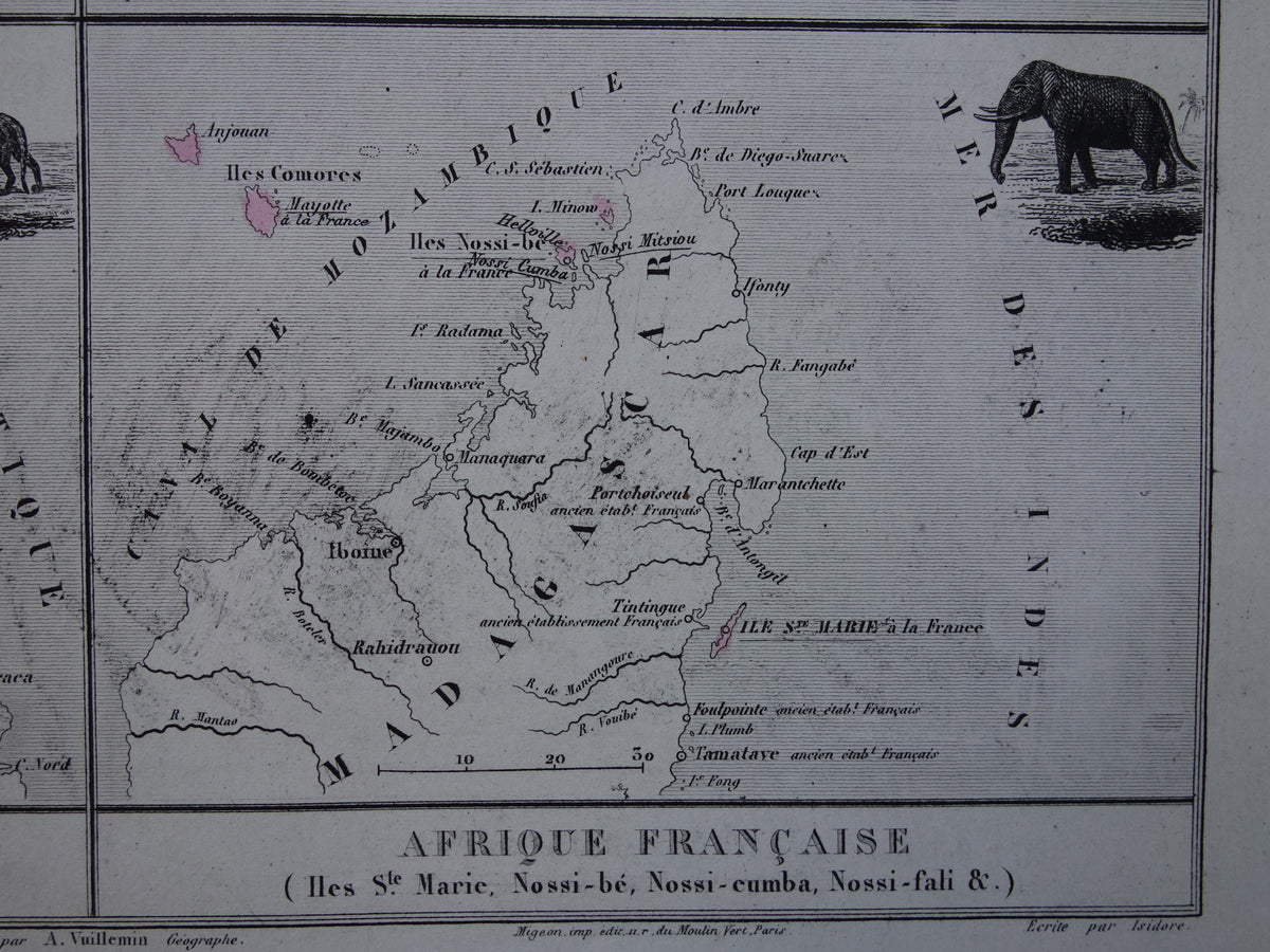Oude kaarten van Saint-Pierre en Miquelon Frans-Guyana Marquesas Eilanden uit 1883 Originele antieke landkaart