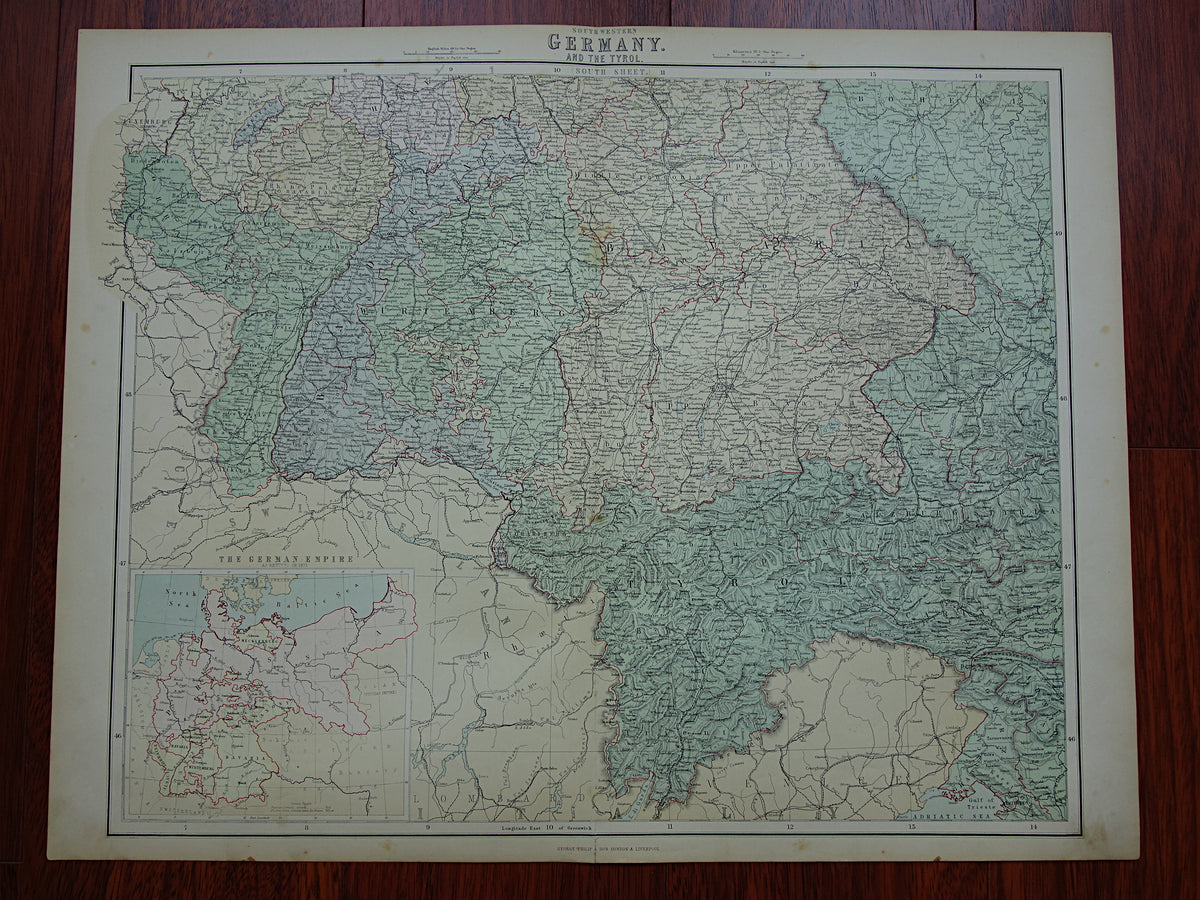 Beieren Duitsland Originele grote oude landkaart van Zuid-Duitsland uit 1890 vintage kaart met Elzas-Lotharingen München