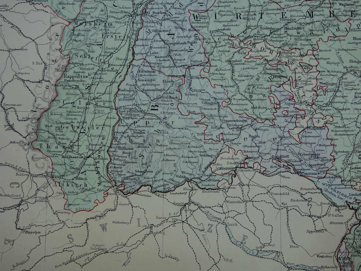 Bavaria Germany Original large old map of Southern Germany from 1890 vintage map with Alsace-Lorraine Munich
