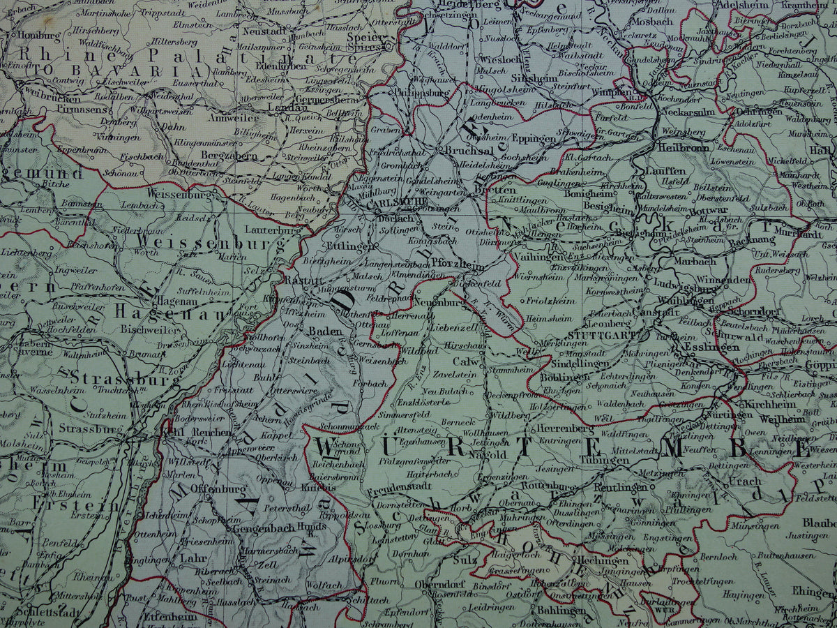 Bavaria Germany Original large old map of Southern Germany from 1890 vintage map with Alsace-Lorraine Munich