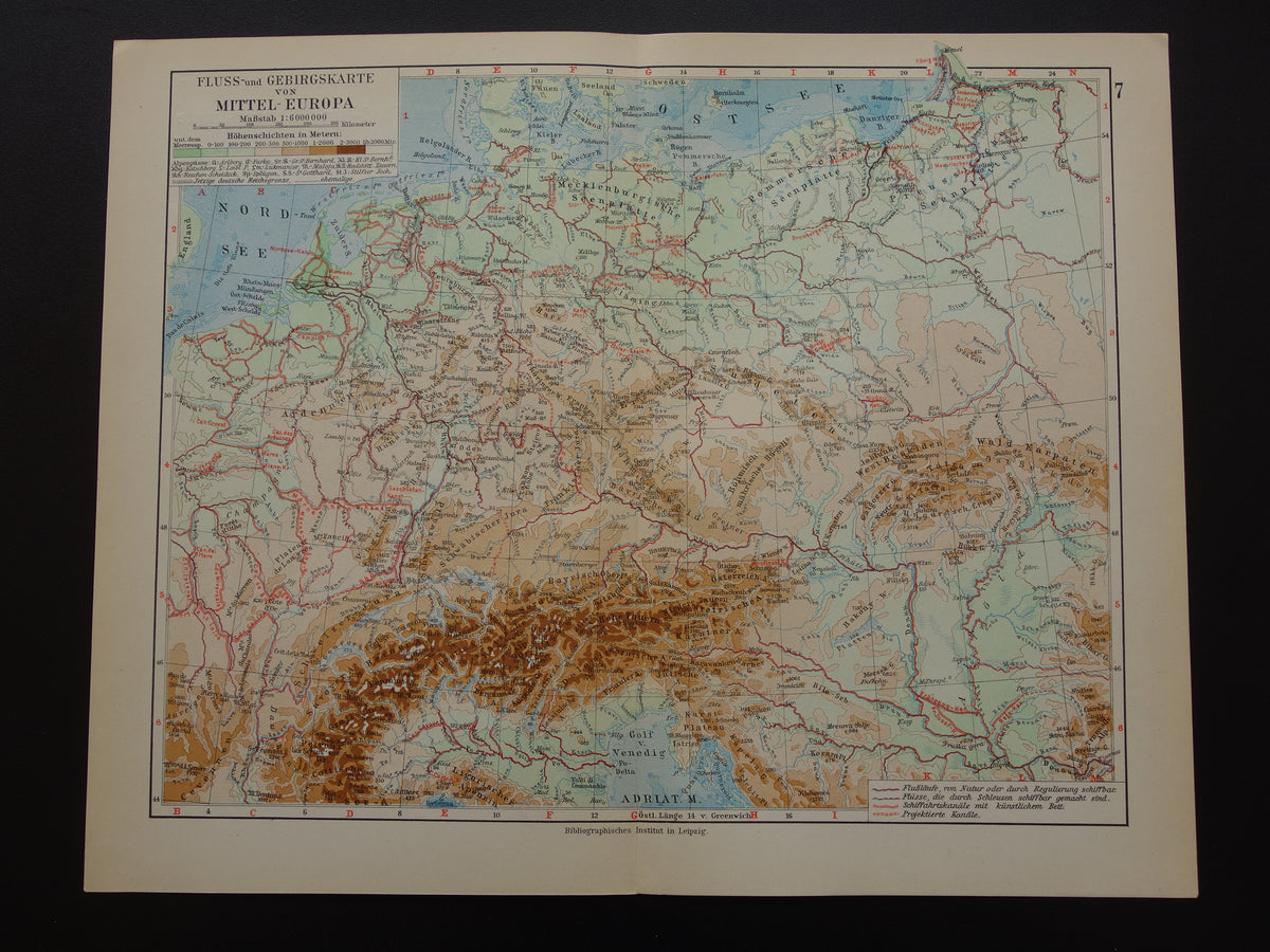 Old map of Central Europe and Germany from 1928 original antique elevation map Alps Mountains Rivers Geology for sale