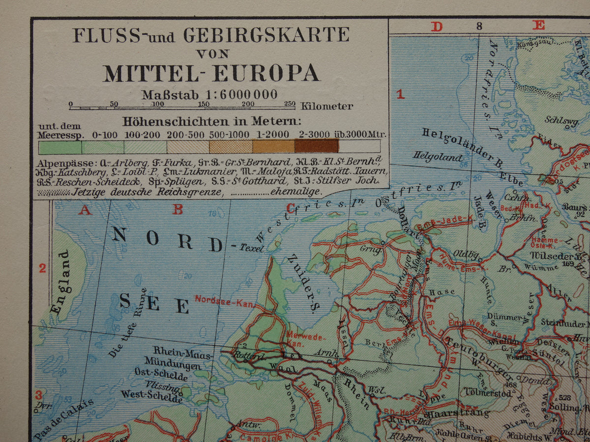 Old map of Central Europe and Germany from 1928 original antique elevation map Alps Mountains Rivers Geology for sale