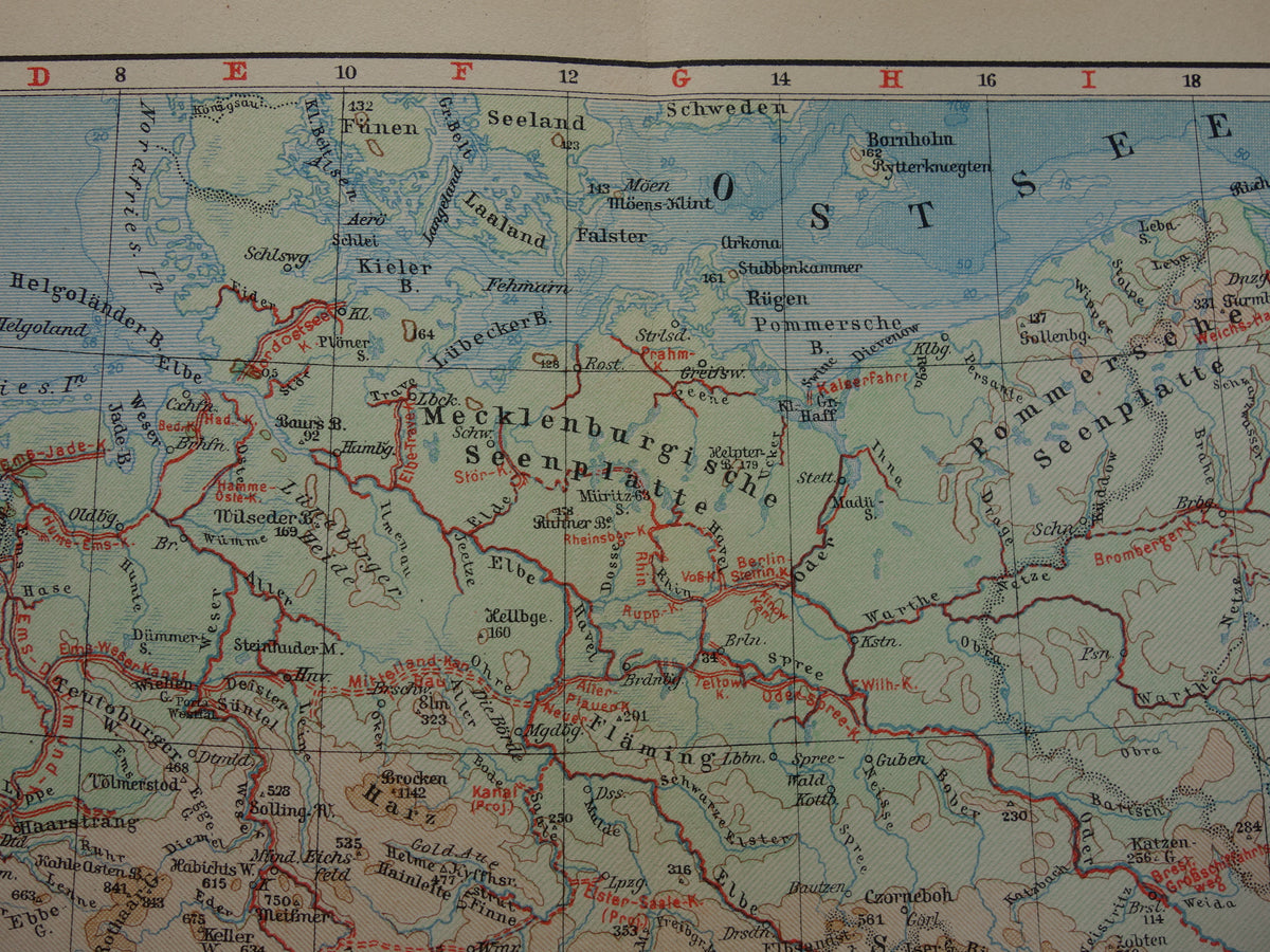 Old map of Central Europe and Germany from 1928 original antique elevation map Alps Mountains Rivers Geology for sale