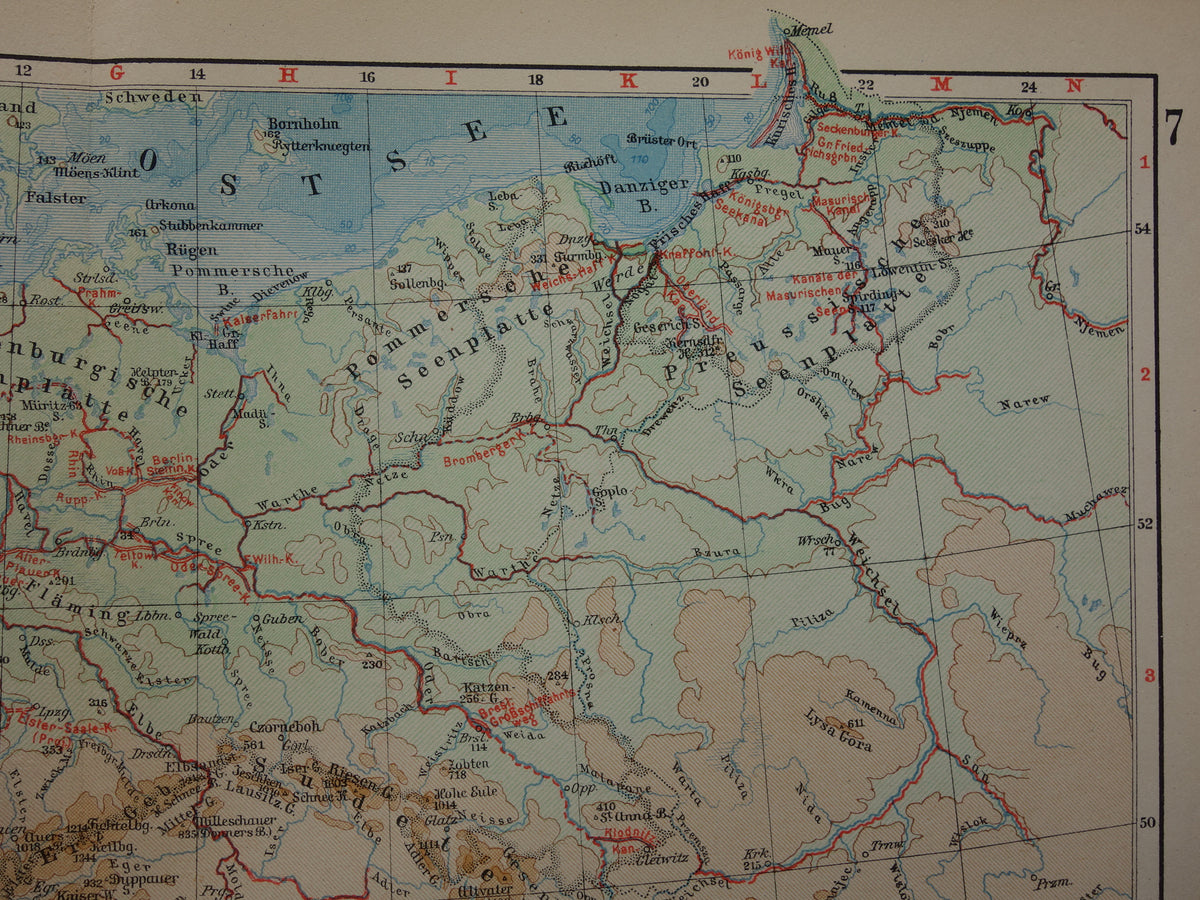 Old map of Central Europe and Germany from 1928 original antique elevation map Alps Mountains Rivers Geology for sale