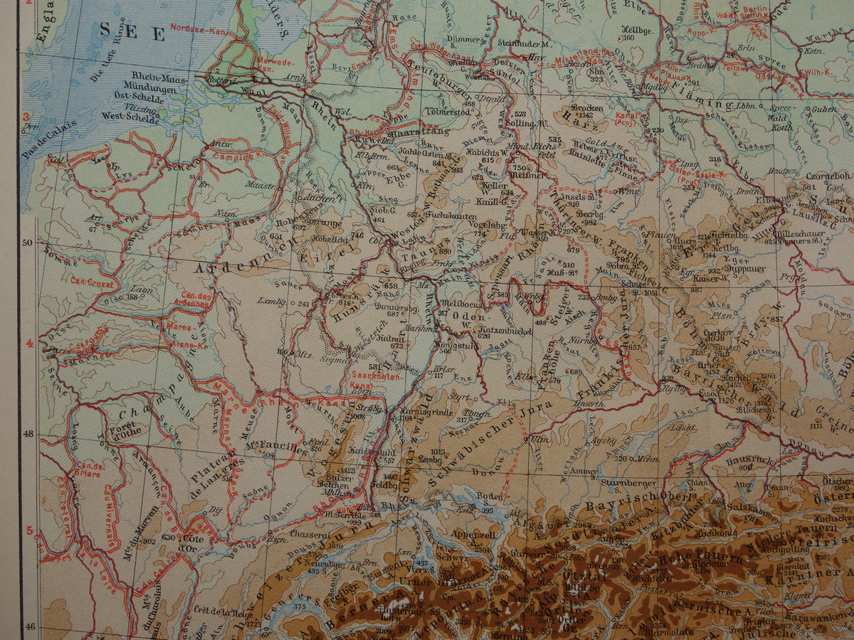 Old map of Central Europe and Germany from 1928 original antique elevation map Alps Mountains Rivers Geology for sale