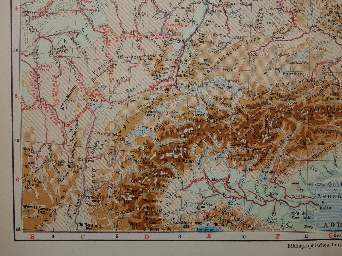 Old map of Central Europe and Germany from 1928 original antique elevation map Alps Mountains Rivers Geology for sale