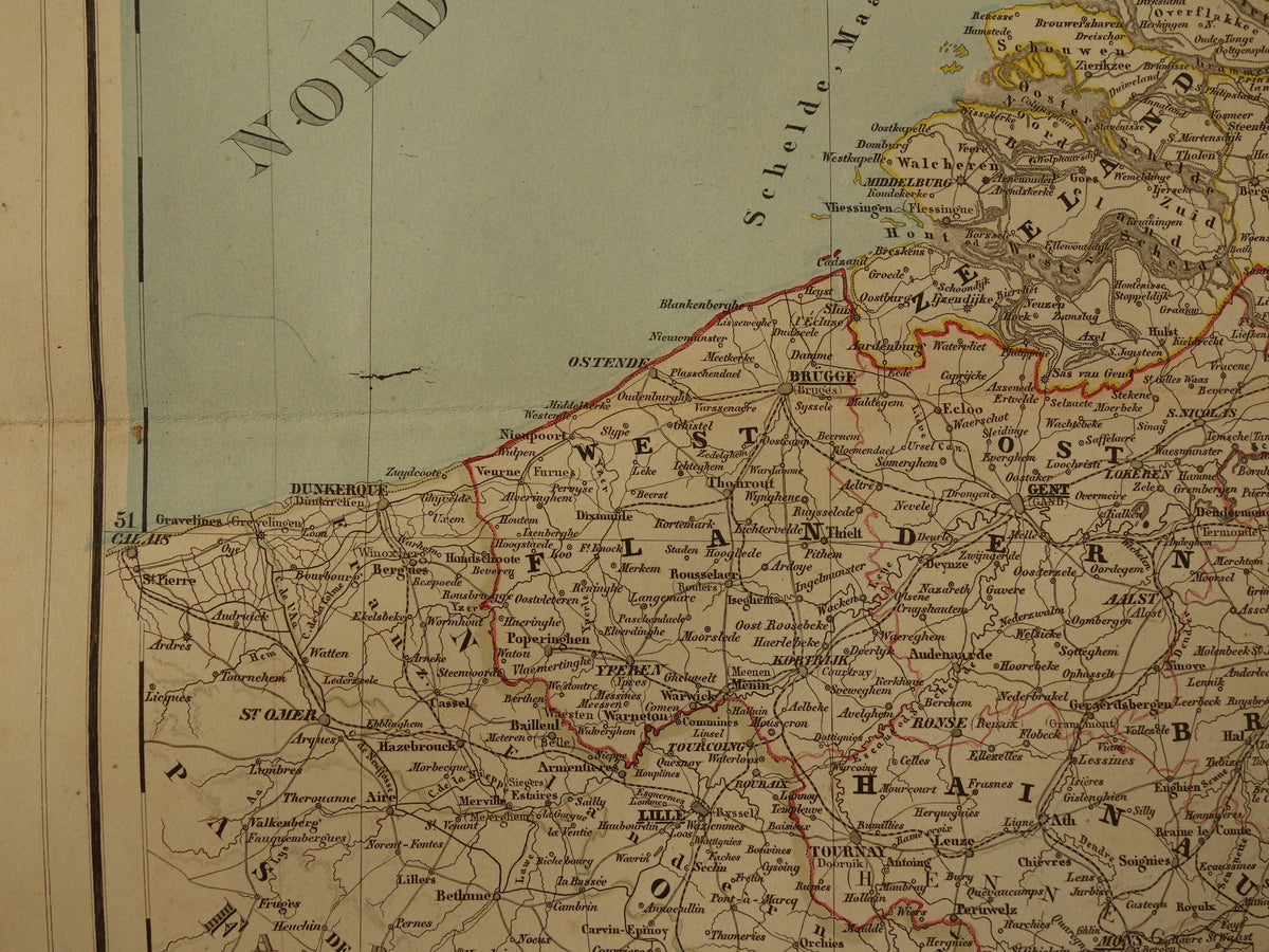 Old map of the Netherlands and Belgium from 1860 original antique large hand-colored map