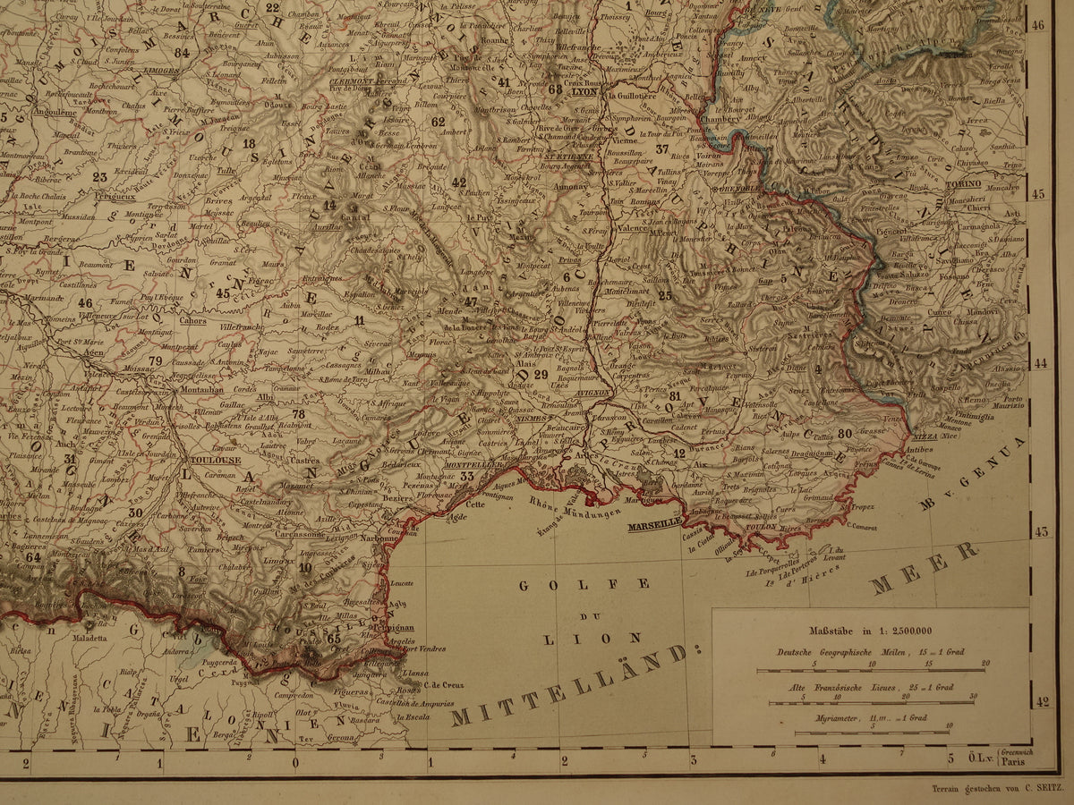 Antique map of France in 1856 original old map poster with year/date Paris large format
