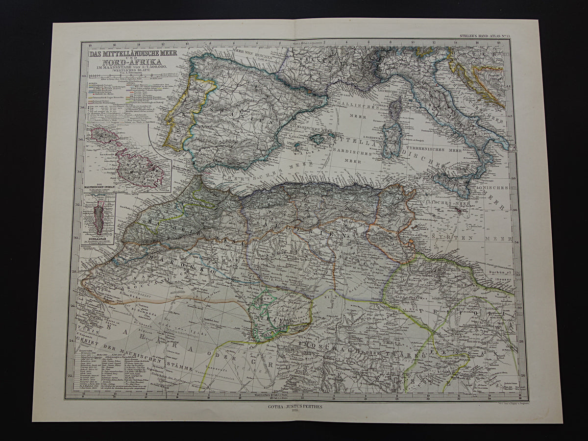 Noord-Afrika oude landkaart van westelijk deel Middellandse Zeegebied uit 1877 originele antieke Duitse kaart van Marokko Algerije Italië Spanje