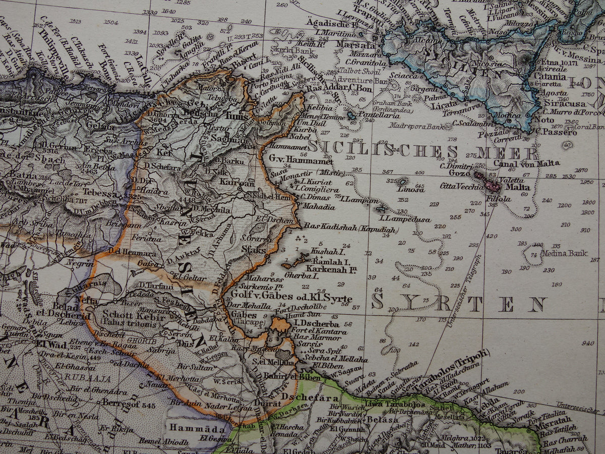 North Africa old map of western part of the Mediterranean from 1877 original antique German map of Morocco Algeria Italy Spain