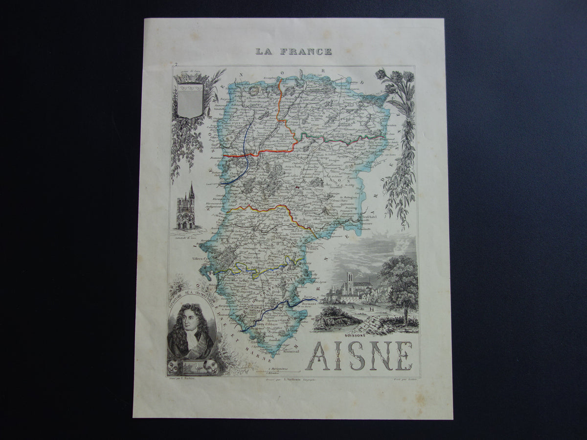 Antieke landkaart van Aisne Frankrijk uit 1851