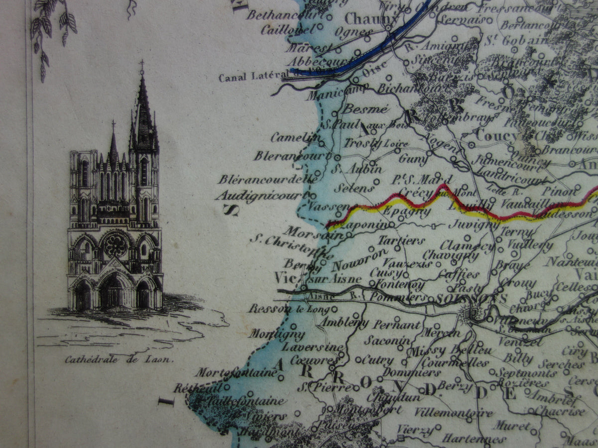 Oude kaart van AISNE departement in Frankrijk uit 1851 originele antieke handgekleurde landkaart Laon Soissons Saint-Quentin