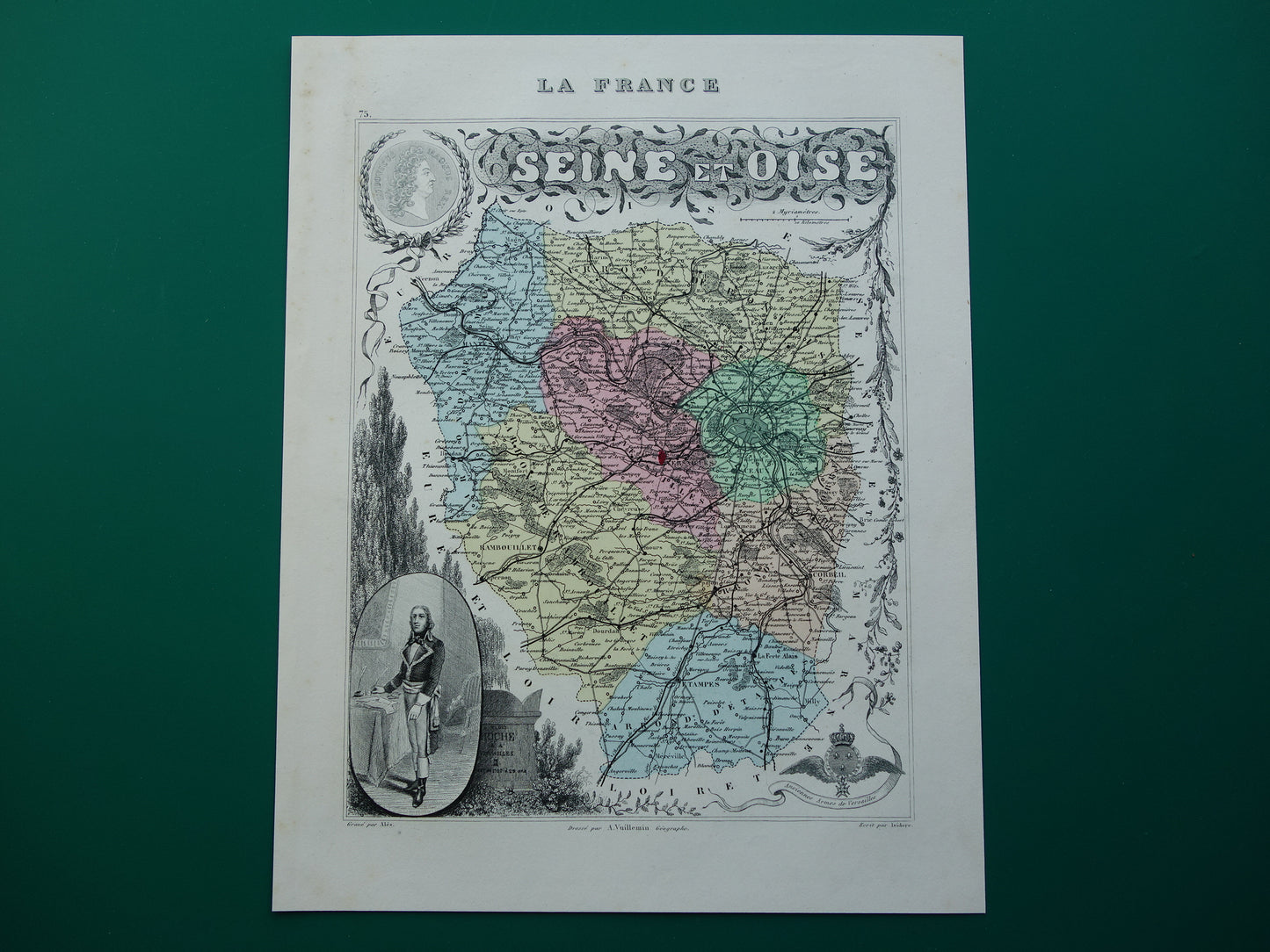 Map of Paris and Versailles region from 1872 original antique old hand colored map Seine-et-Oise department