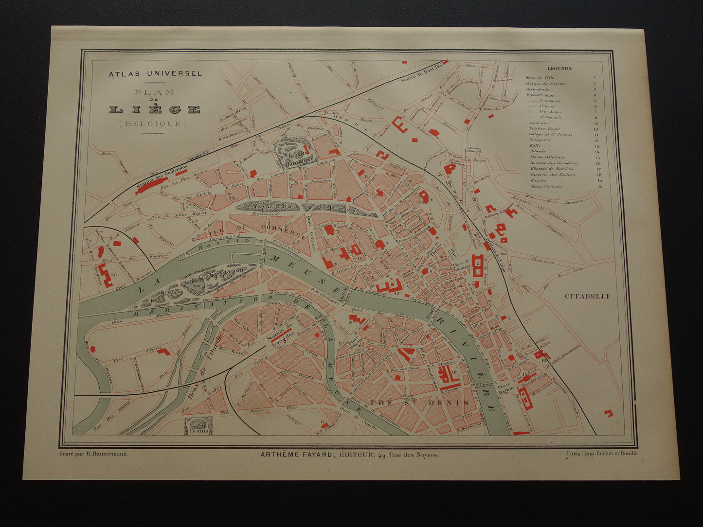 Luik oude kaart van Luik België uit 1879 originele antieke Franse plattegrond carte de Liège