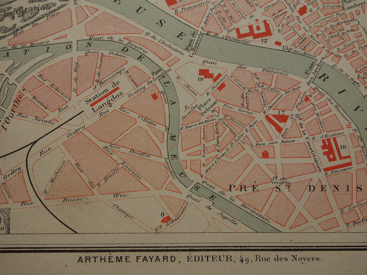 Luik oude kaart van Luik België uit 1879 originele antieke Franse plattegrond carte de Liège