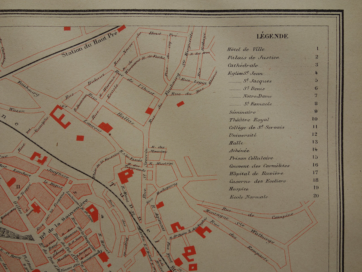 Luik oude kaart van Luik België uit 1879 originele antieke Franse plattegrond carte de Liège