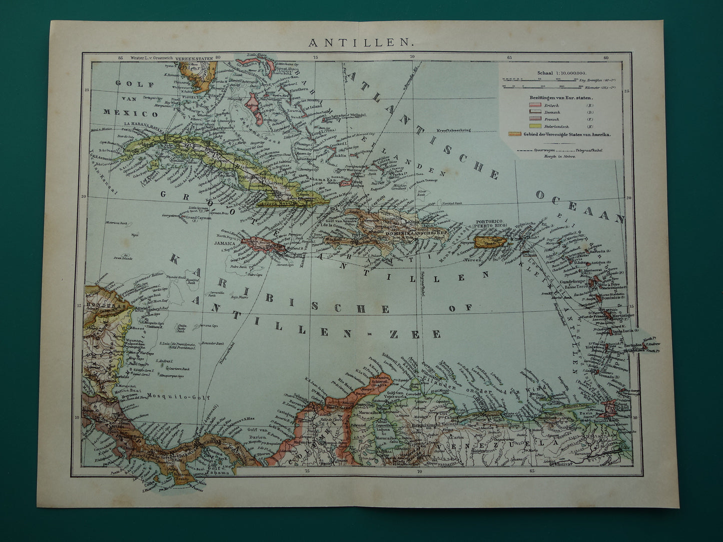 Old map of the Caribbean 1905 original antique map Caribbean Antilles Caribbean islands for sale Cuba Aruba Curacao
