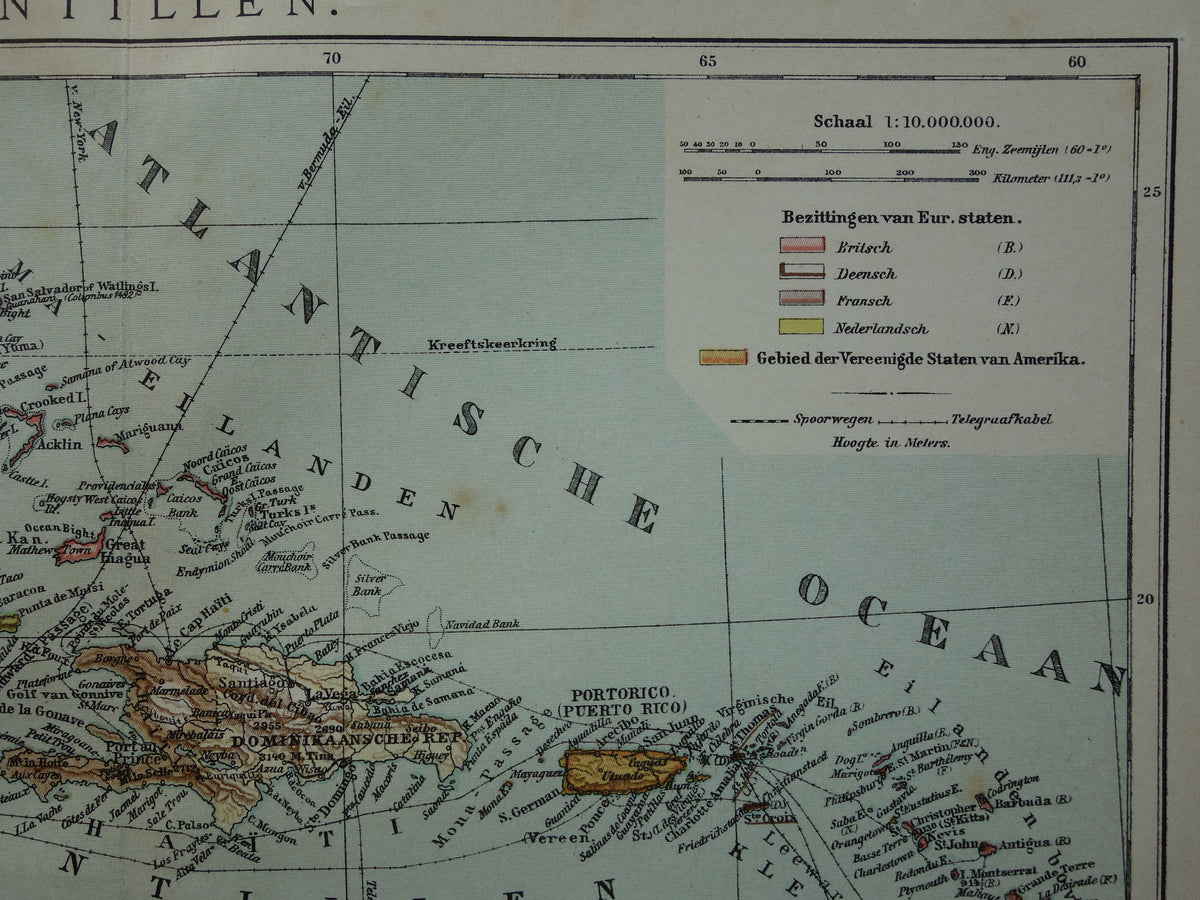 Oude kaart van het Caraïbisch gebied 1905 originele antieke landkaart Caraïben Antillen Caraïbische eilanden te koop Cuba Aruba Curacao