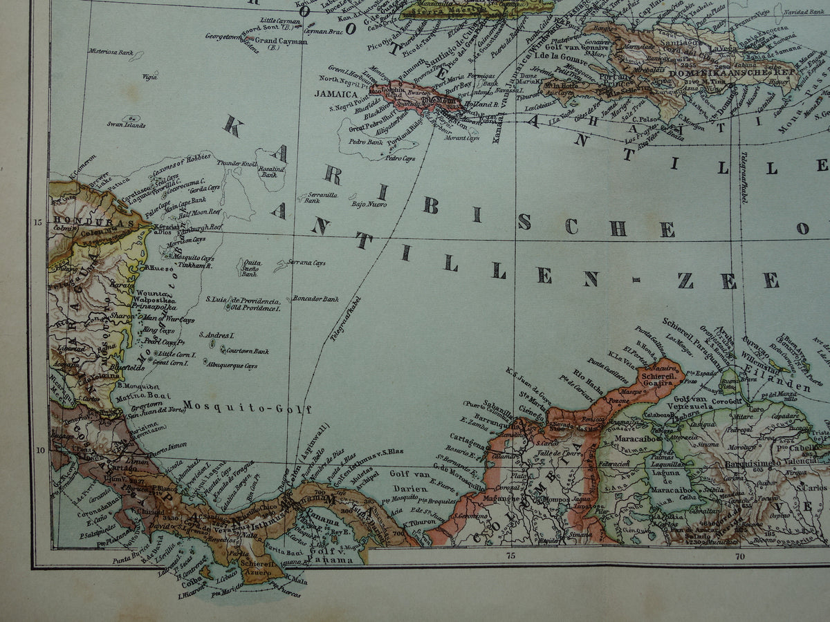 Oude kaart van het Caraïbisch gebied 1905 originele antieke landkaart Caraïben Antillen Caraïbische eilanden te koop Cuba Aruba Curacao