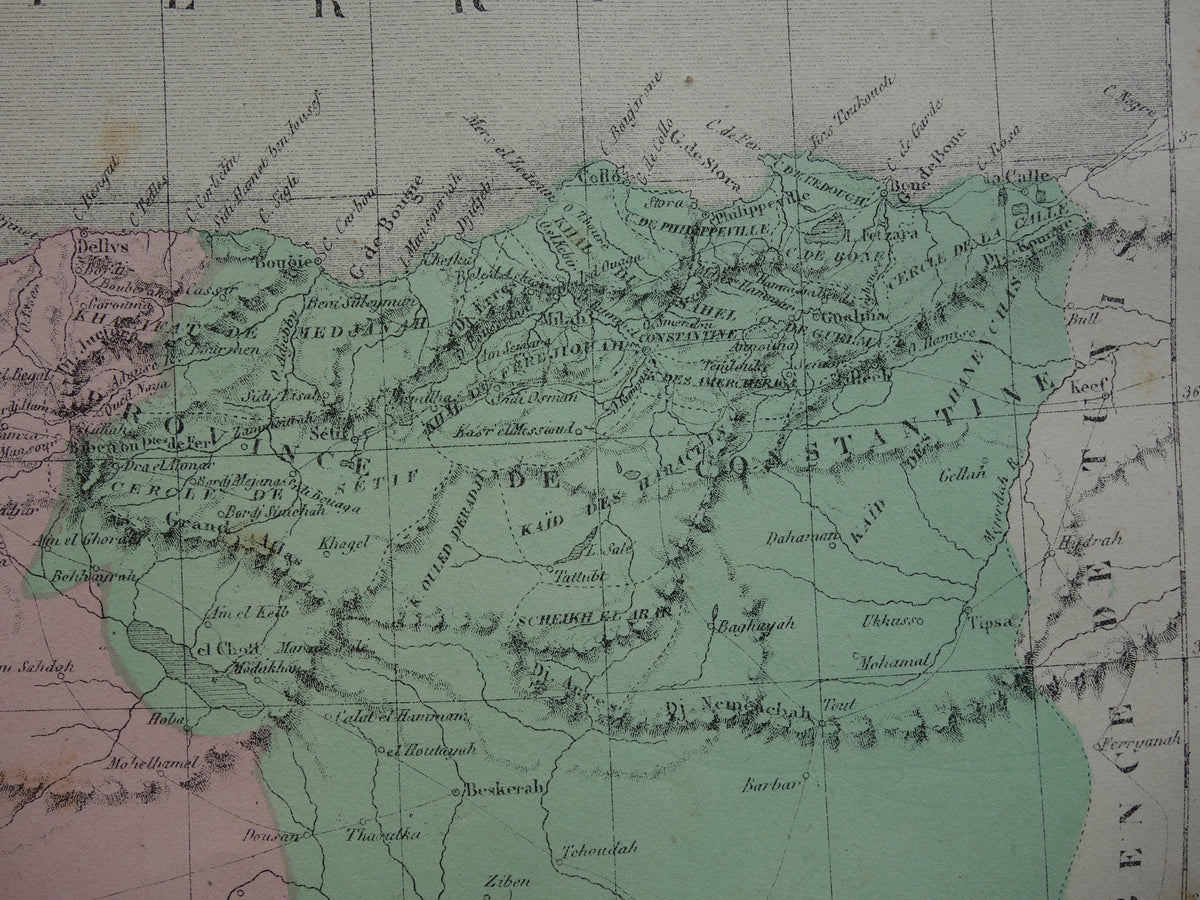 Antique French map of Algeria from 1877 original 145+ year old hand colored map