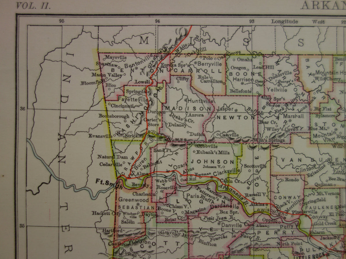 ARKANSAS Antieke landkaart van de staat Arkansas 1875 originele oude kaart Little Rock Fayetteville Fort Smith Hot Springs Colchester VS te koop Verenigde Staten