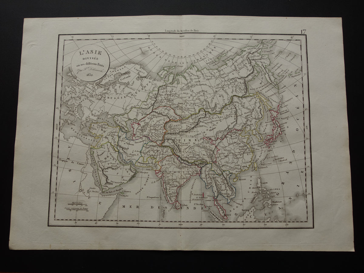 Oude kaart van Azië in het jaar 1832 originele antieke handgekleurde landkaart met jaartal