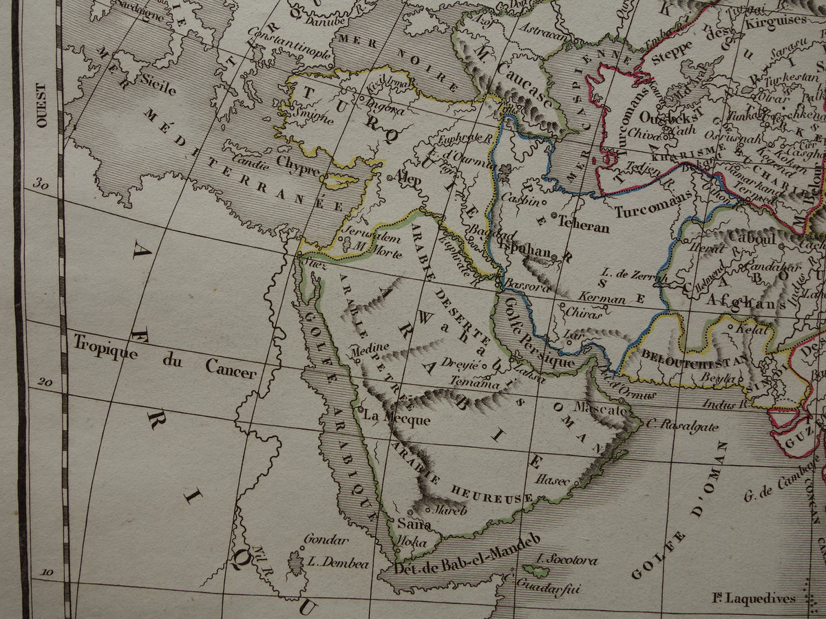 Old map of Asia in the year 1832 original antique hand-colored map with date