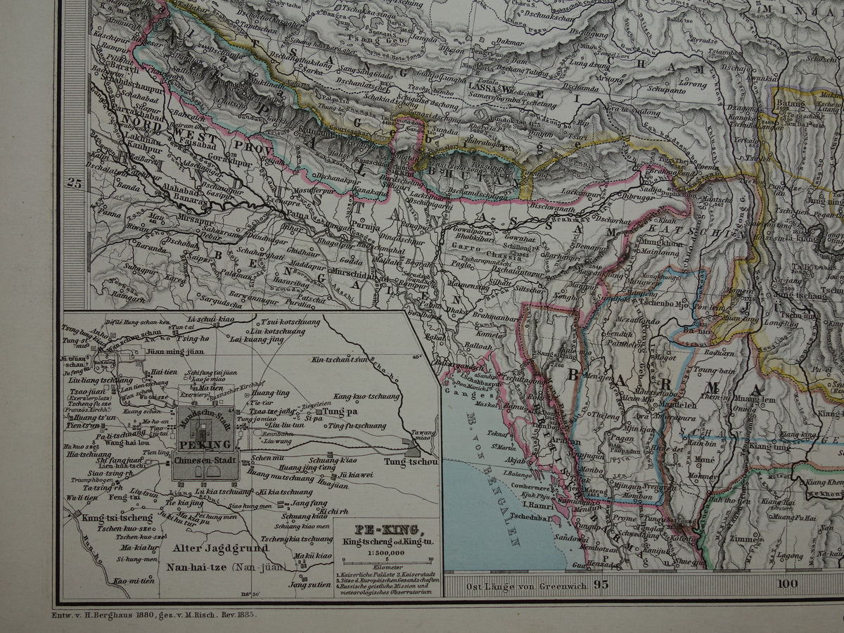 CHINA antieke landkaart van China uit 1885 originele oude handgekleurde kaart Chinese Rijk