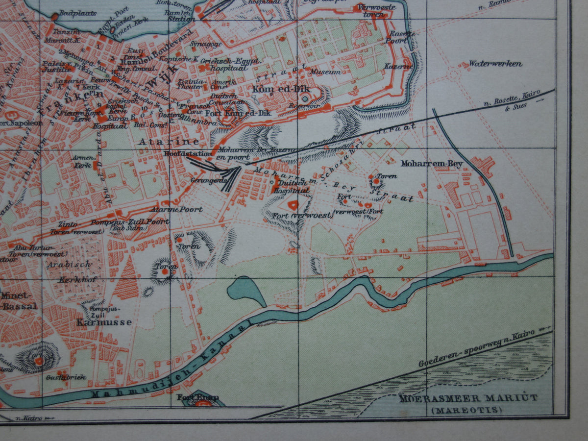 Oude kaart van Alexandrië uit 1905 originele Nederlandse antieke plattegrond vintage kaarten Egypte