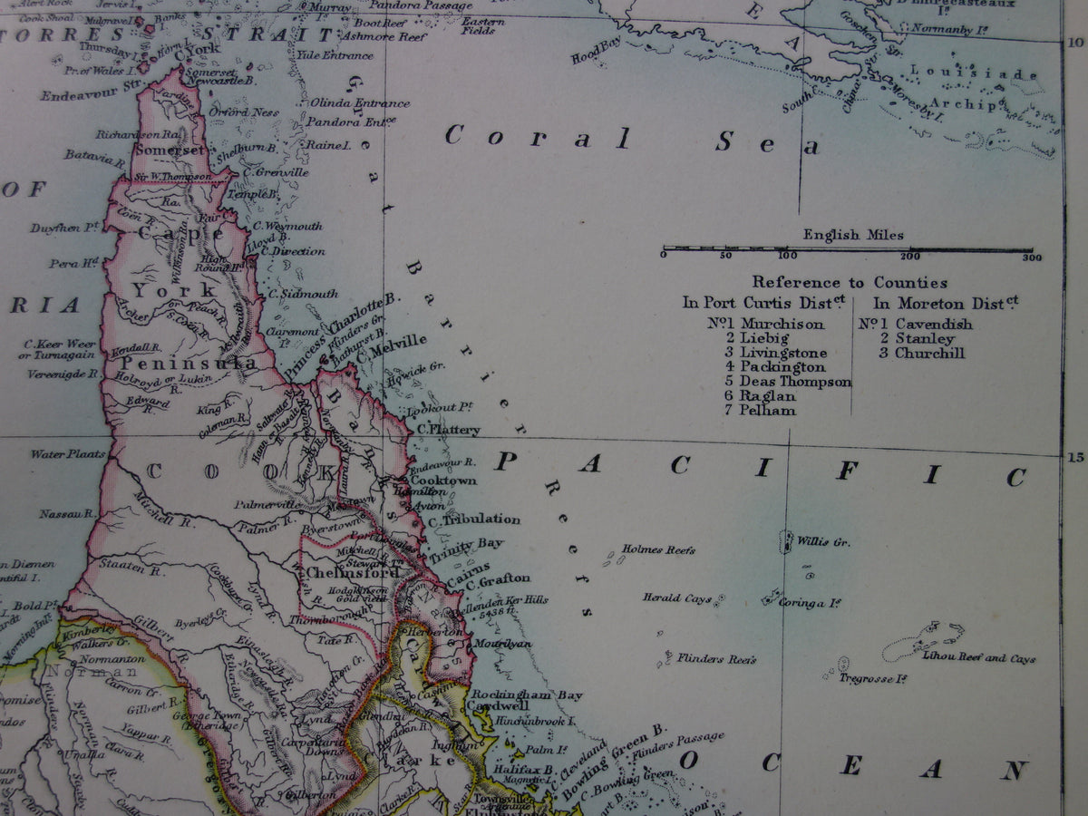 QUEENSLAND oude kaart van QLD Australië 1886 originele antieke Engelse landkaart Brisbane