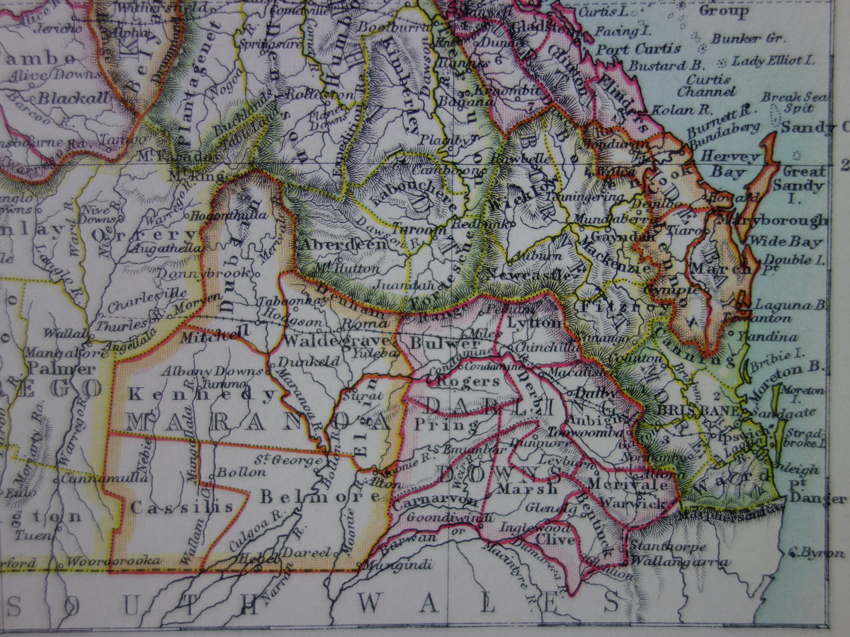 QUEENSLAND oude kaart van QLD Australië 1886 originele antieke Engelse landkaart Brisbane