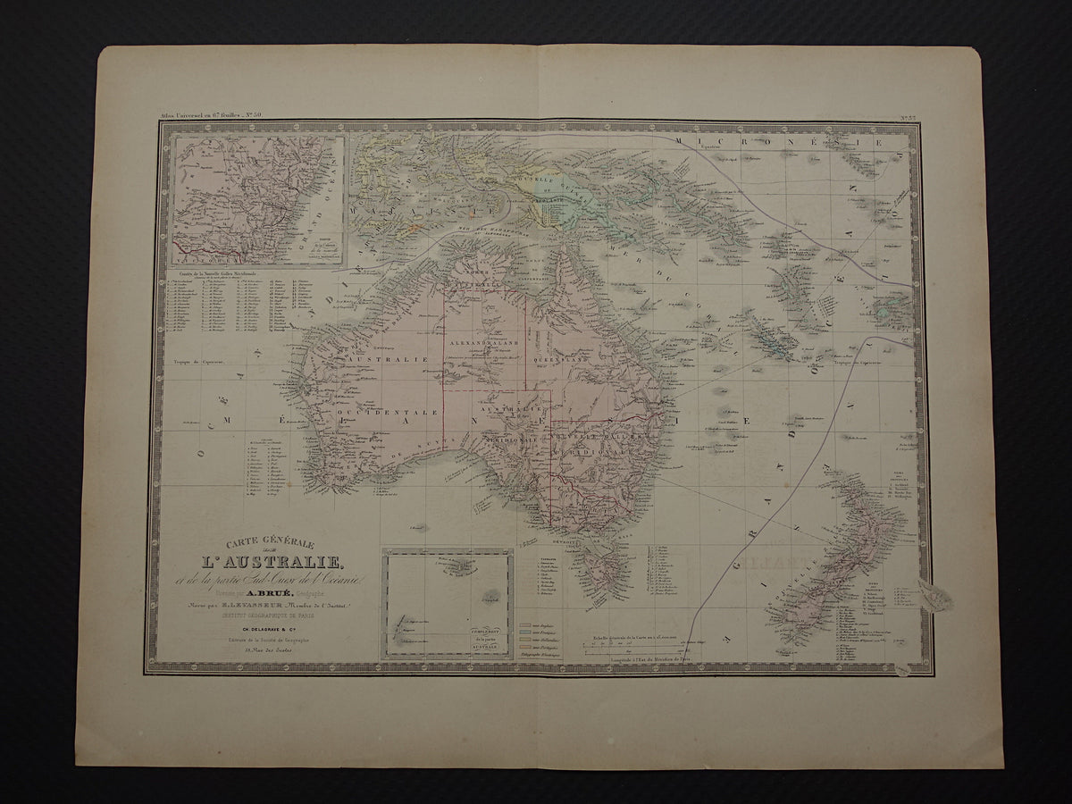 Grote oude kaart van Australië uit 1876 originele antieke landkaart Nieuw Zeeland vintage landkaarten