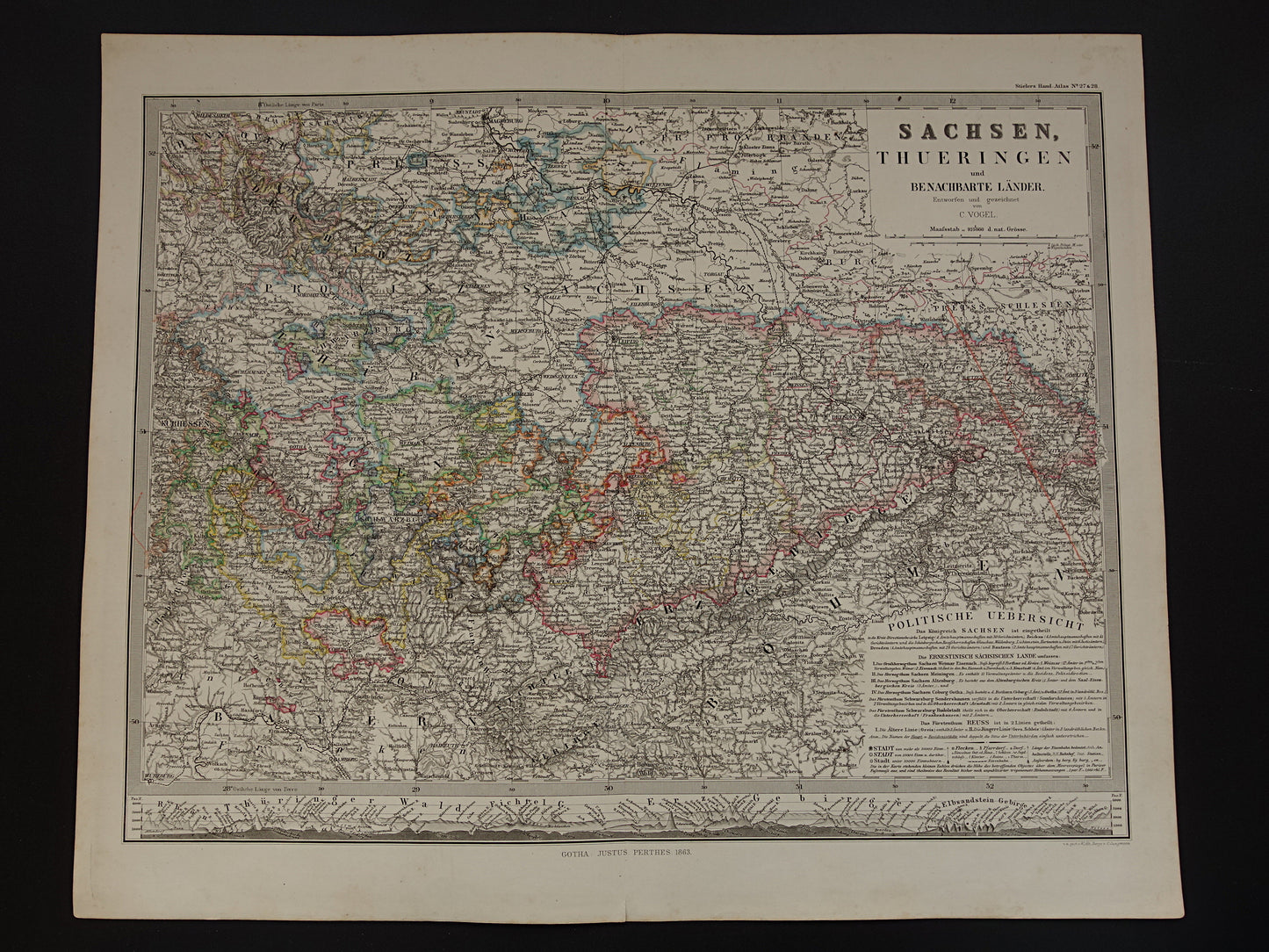 GERMANY Old map of the free state of Thuringia and Saxony 1863 original large antique map