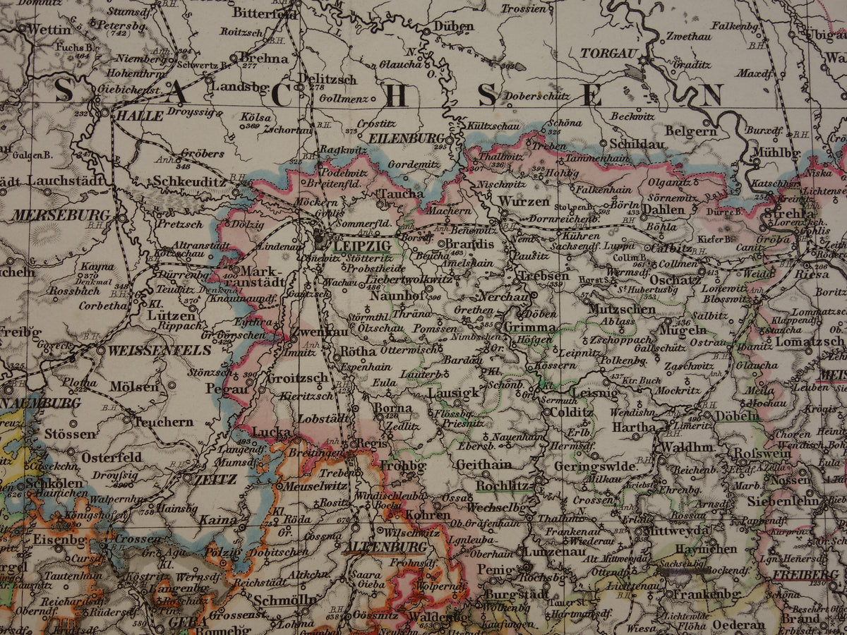 DUITSLAND Oude kaart van vrijstaat Thüringen en Saksen 1863 originele grote antieke landkaart