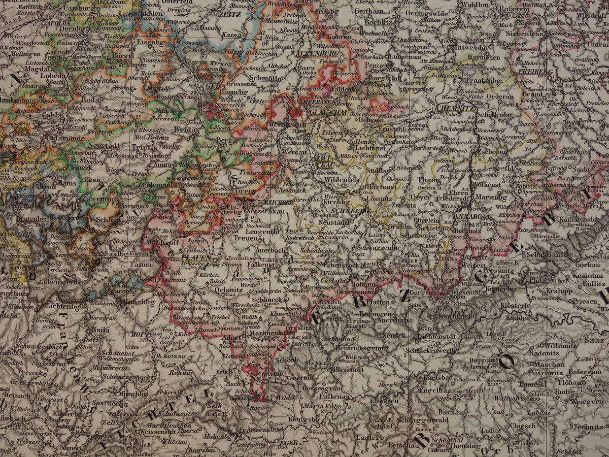 DUITSLAND Oude kaart van vrijstaat Thüringen en Saksen 1863 originele grote antieke landkaart