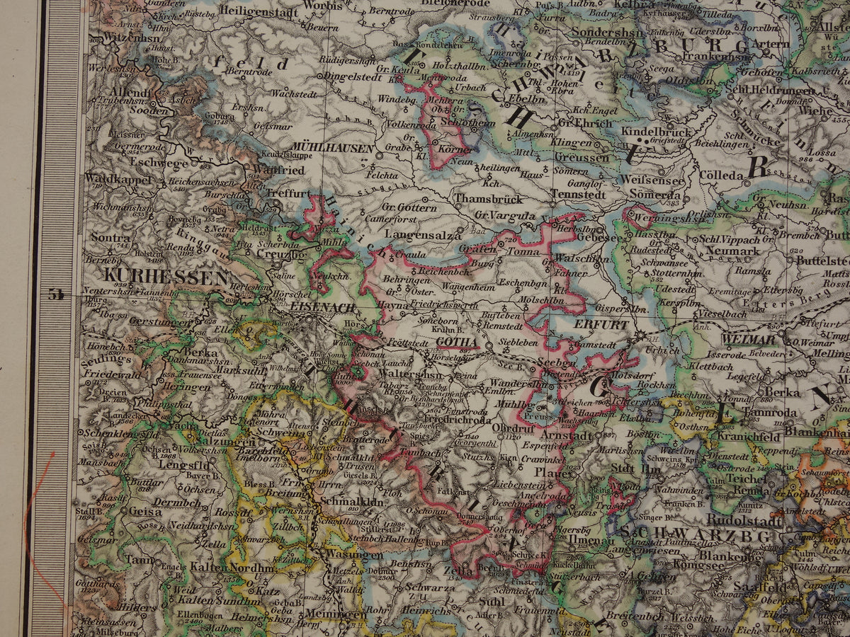 DUITSLAND Oude kaart van vrijstaat Thüringen en Saksen 1863 originele grote antieke landkaart