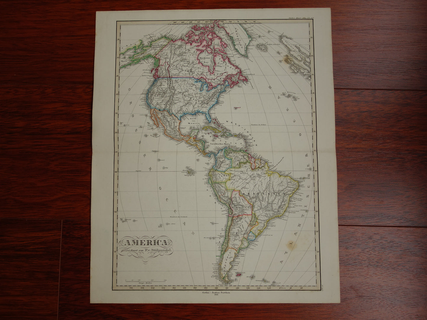 Large old map of North and South America in 1859 original antique German map USA Patagonia Canada vintage poster continent