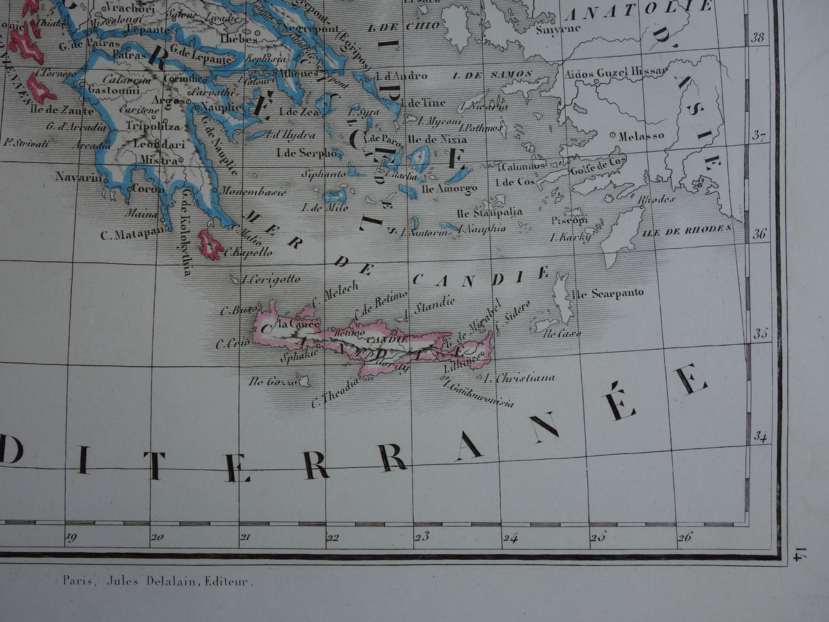 Oude kaart van Europees Turkije en Griekenland uit 1849 originele 170+ jaar oude Franse landkaart Servië Bulgarije Roemenië Balkan Ottomaanse Rijk