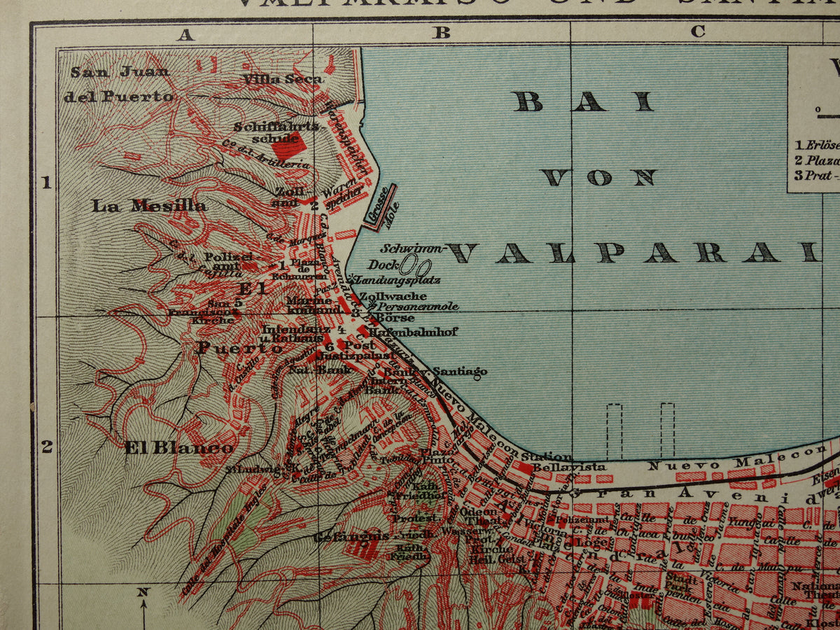 Valparaiso en Santiago Brazilië oude kaart plattegrond uit het jaar 1908 originele antieke kaarten