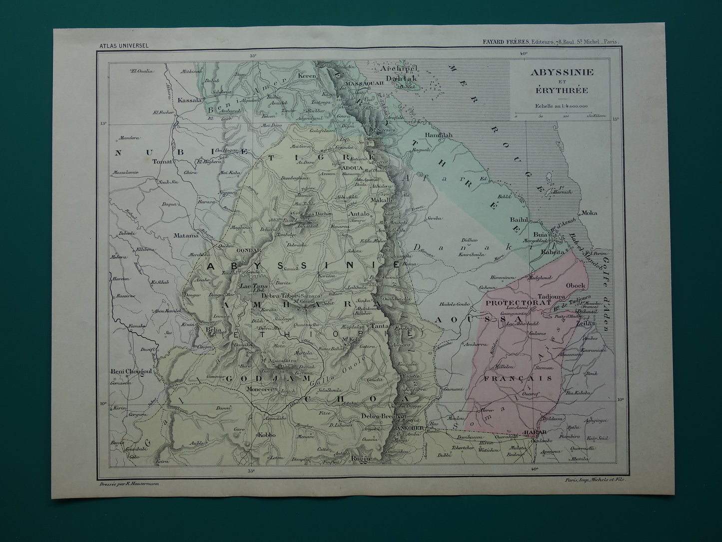 Old map of Eritrea Djibouti Ethiopia 1896 original antique print Harar Massaouah French colony Kobbo Zeila vintage maps