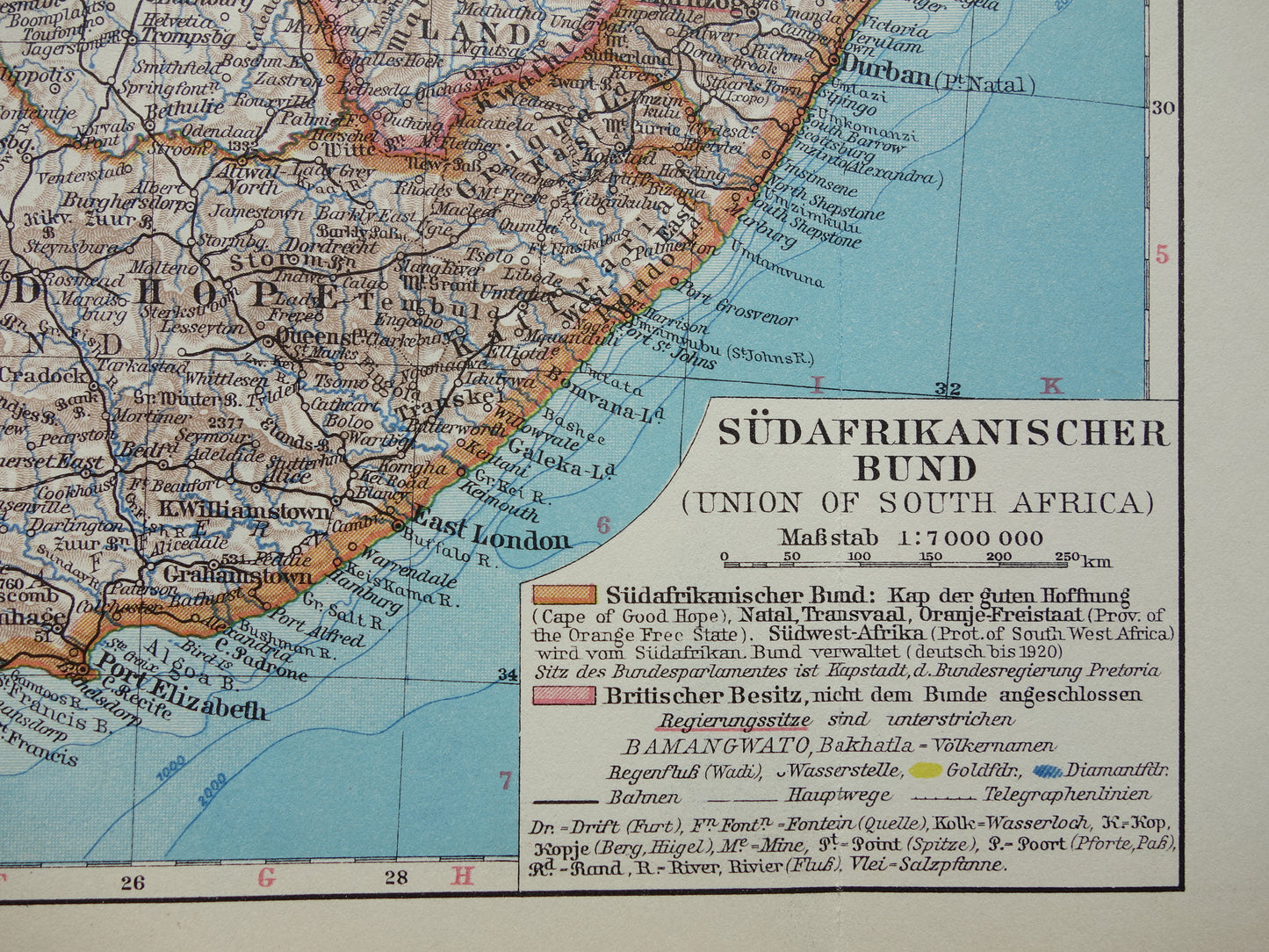 Oude kaart van Zuid-Afrika in 1928 originele Duitse vintage historische landkaart Zuid Afrikaanse Bond