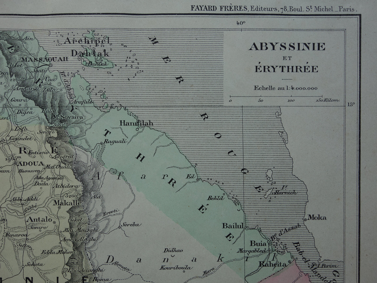 Old map of Eritrea Djibouti Ethiopia 1896 original antique print Harar Massaouah French colony Kobbo Zeila vintage maps