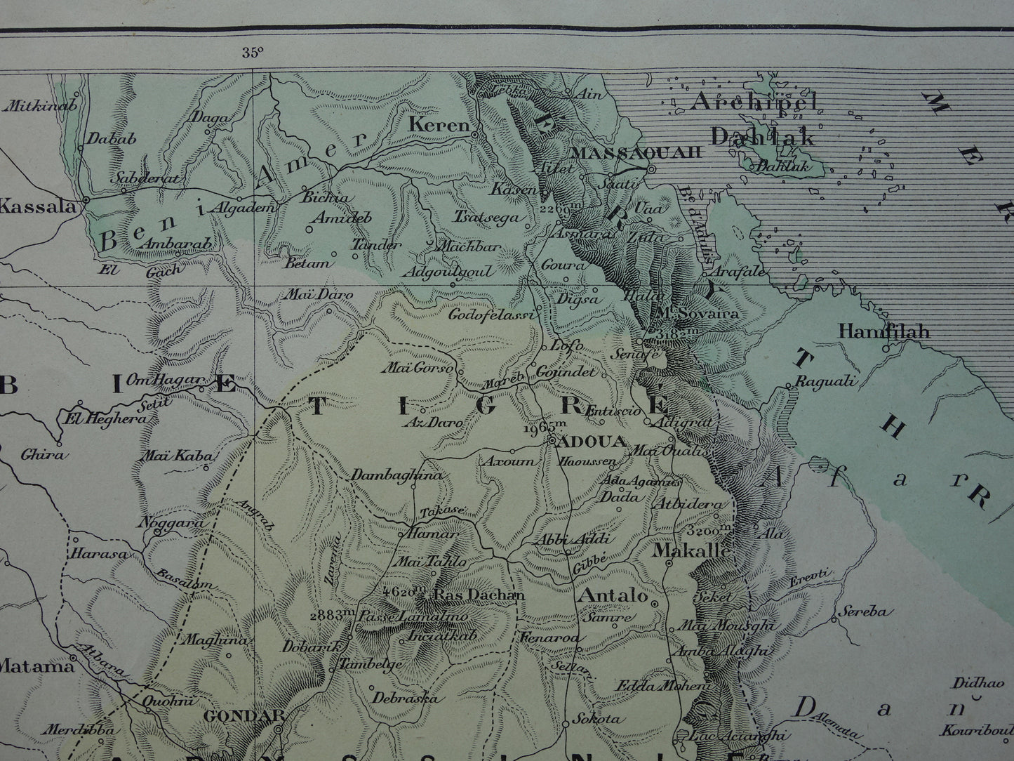 Old map of Eritrea Djibouti Ethiopia 1896 original antique print Harar Massaouah French colony Kobbo Zeila vintage maps