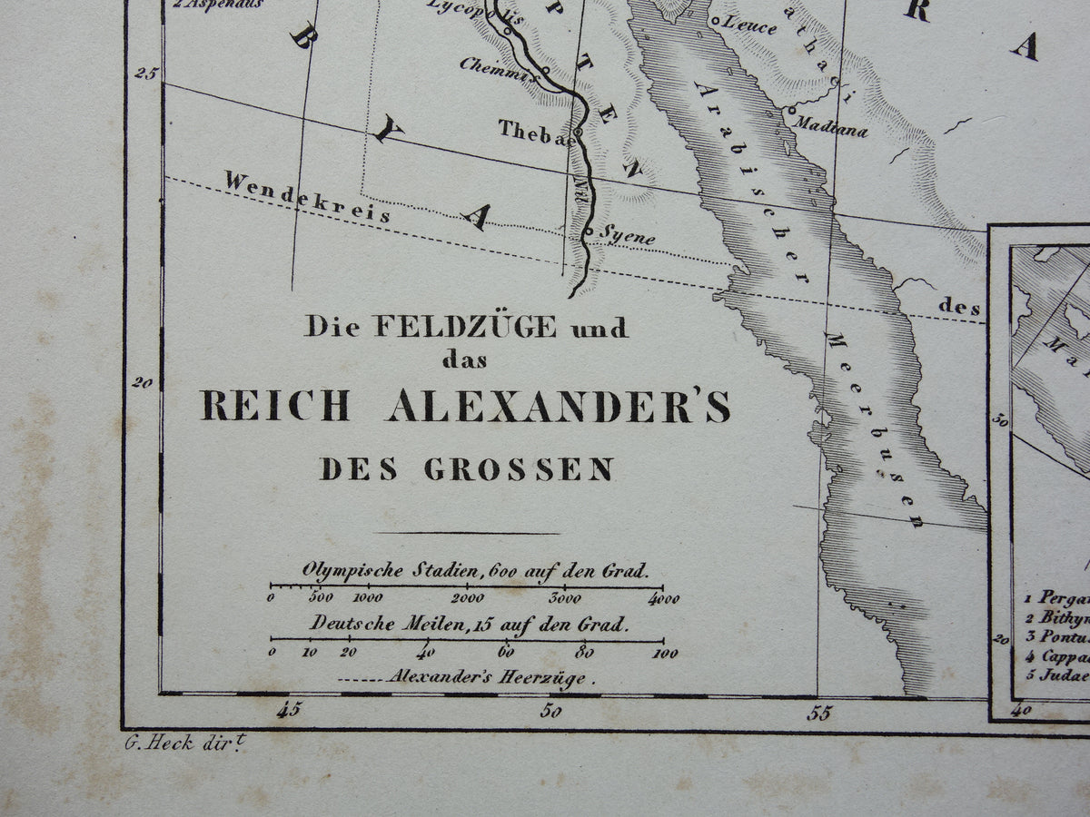 Antieke kaart van het rijk van Alexander de Grote uit 1849 Oude Duitse landkaart Macedonische Alexandrijnse rijk