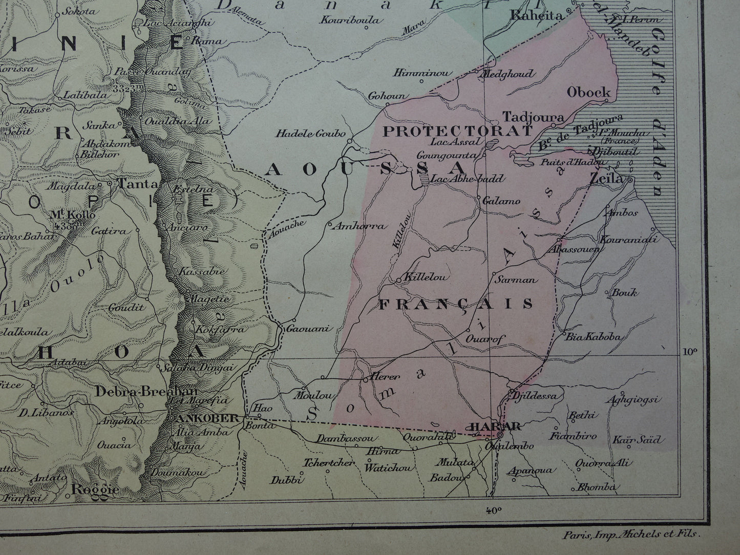 Old map of Eritrea Djibouti Ethiopia 1896 original antique print Harar Massaouah French colony Kobbo Zeila vintage maps