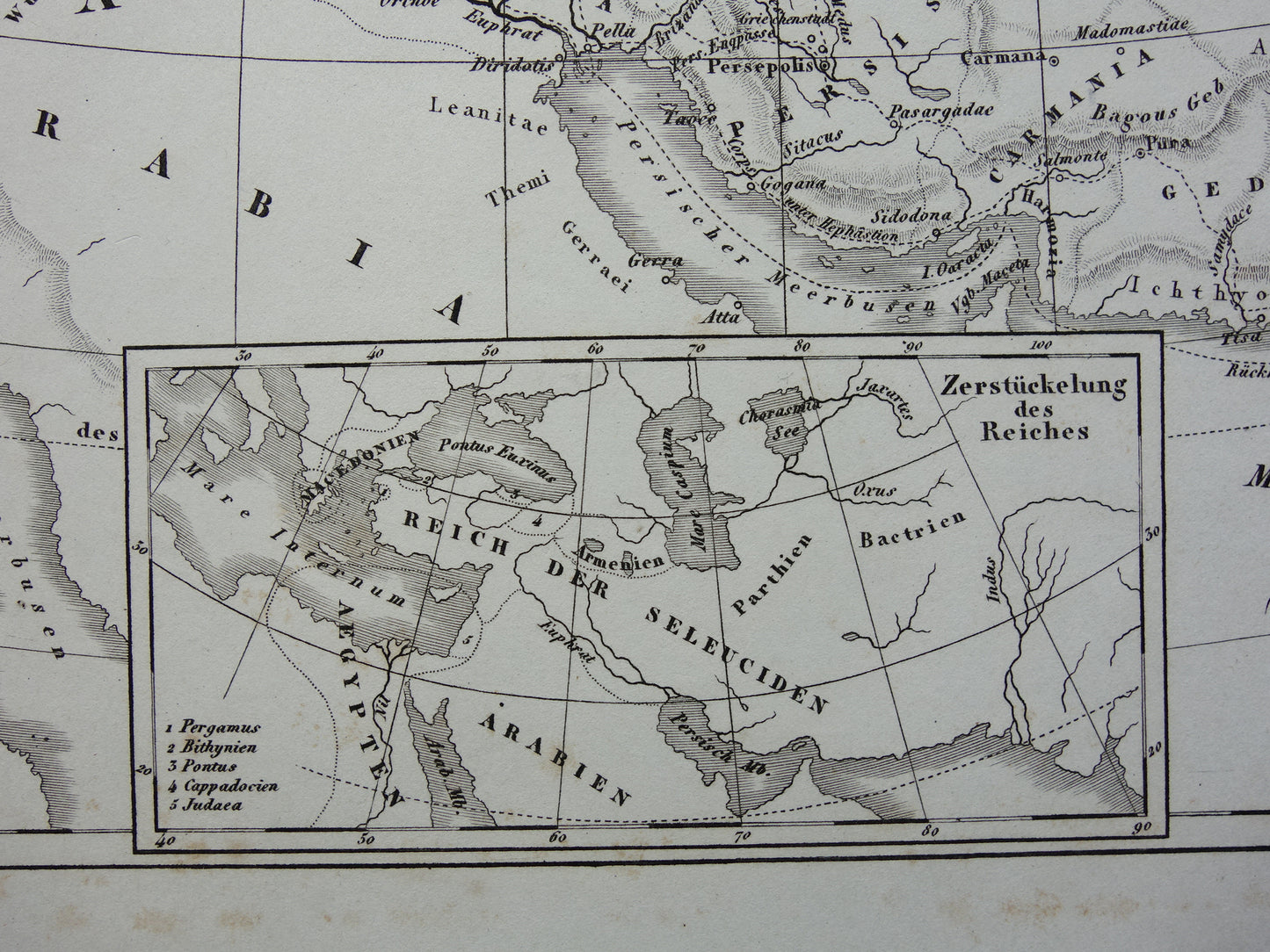 Antieke kaart van het rijk van Alexander de Grote uit 1849 Oude Duitse landkaart Macedonische Alexandrijnse rijk